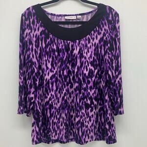 Susan Graver Women Large Blouse Purple Black Leopard Print 3/4 Sleeve Poly Blend